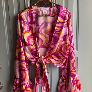 Women's Pink and Orange Patterned Tie-Front Top